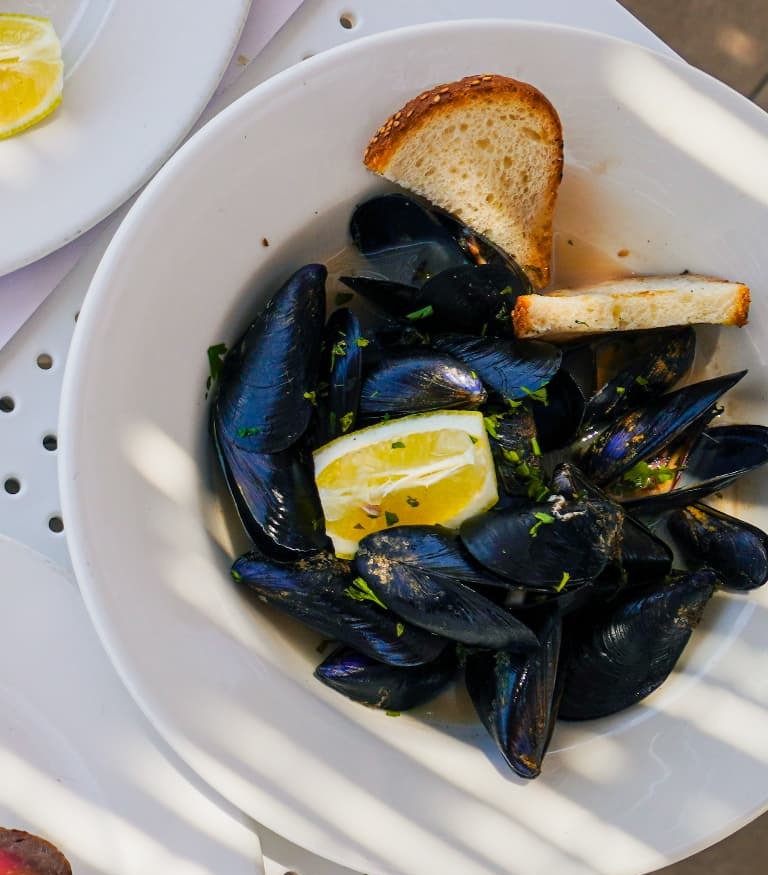 Bowl of fresh mussels with lemon, parsley and grilled bread